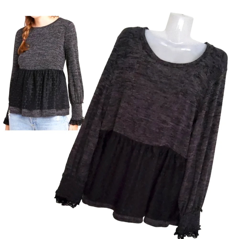 ANTHROPOLOGIE RO+DE Black/Gray Amirah Lace Long Smocked Cuff Sleeve Top XL - Picture 1 of 16